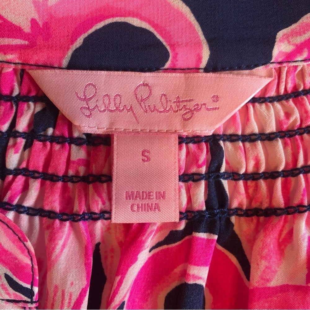 Lilly Pulitzer 100% Silk Pink & Black Long Sleeve Blouse w/ Mandarin Collar Sz S - Picture 8 of 10